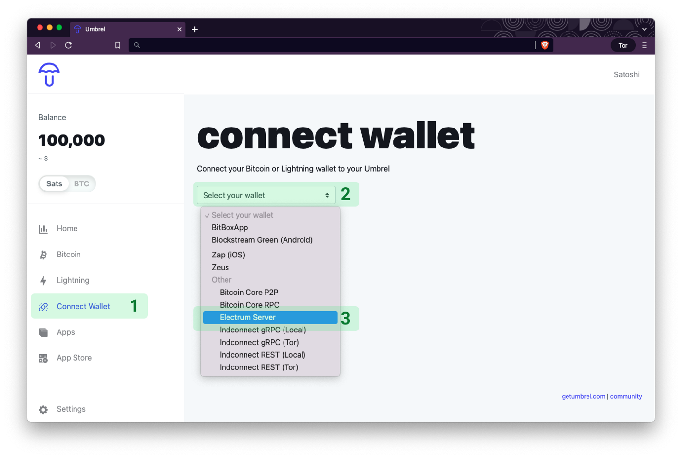 Connect to Umbrel using the Electrum server option from the dropdown menu.
