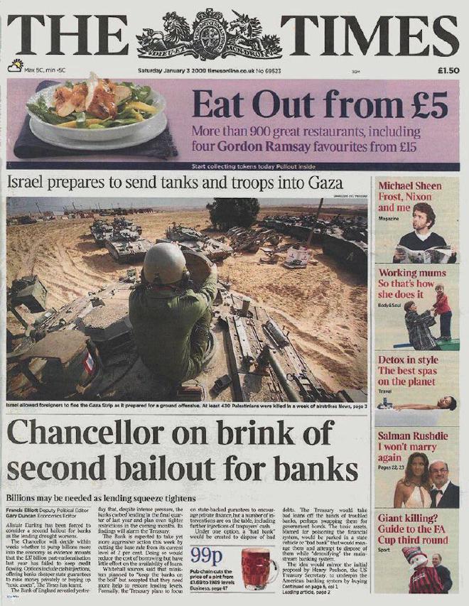 Front page of the New York Times of 3 January 2009